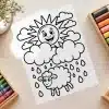Spring Showers Free Coloring Page - Printable Kids Coloring Sheet With Sheep, Sun, Clouds, And Raindrops