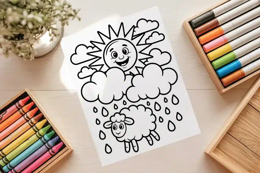Spring Showers Free Coloring Page - printable kids coloring sheet with sheep, sun, clouds, and raindrops