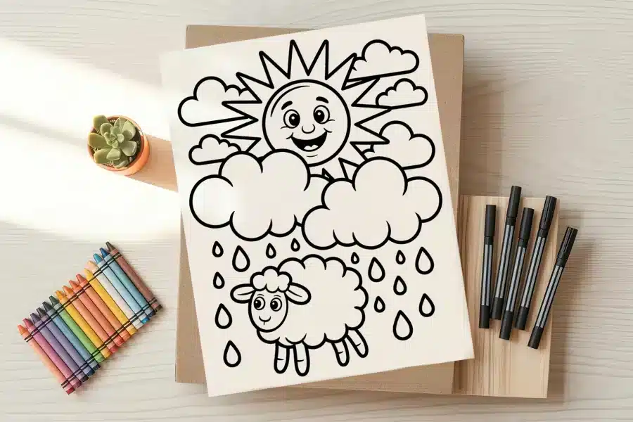 a drawing of a sun and clouds with clouds and rain drops on a piece of paper