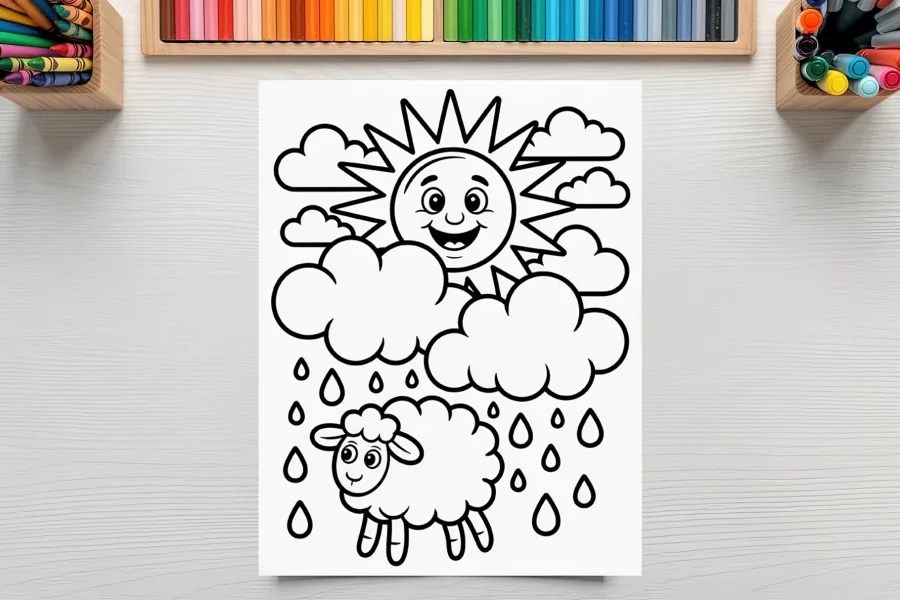 A Coloring Page Of A Sun And Clouds