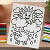 A Coloring Page Of A Sun And Clouds With Clouds And Rain Drops On A Table
