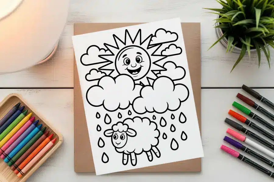 A Drawing Of A Sun And Clouds On A Piece Of Paper