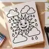 A Coloring Page Featuring A Smiling Sun Surrounded By Rain Clouds And Raindrops.