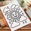 Coloring Page Featuring A Smiling Sun And Rain Clouds.