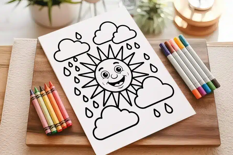 Coloring Page Featuring A Smiling Sun And Rain Clouds.
