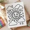 A Coloring Page Featuring A Smiling Sun And Rain Clouds.