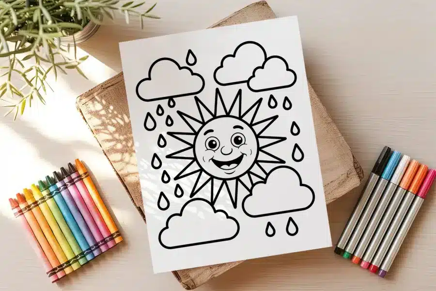 A Coloring Page Featuring A Smiling Sun And Rain Clouds.