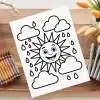 A Coloring Page Featuring A Smiling Sun And Rain Clouds.