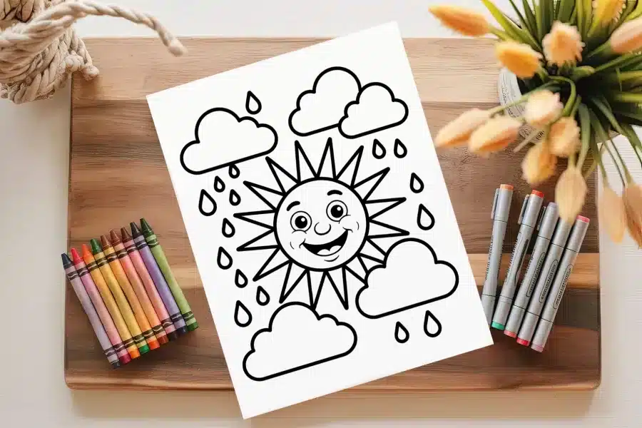 A Coloring Page Featuring A Smiling Sun And Rain Clouds.