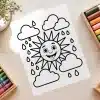Sun And Rain Clouds Free Coloring Page - Printable Kids Coloring Sheet With Smiling Sun, Clouds, And Rain