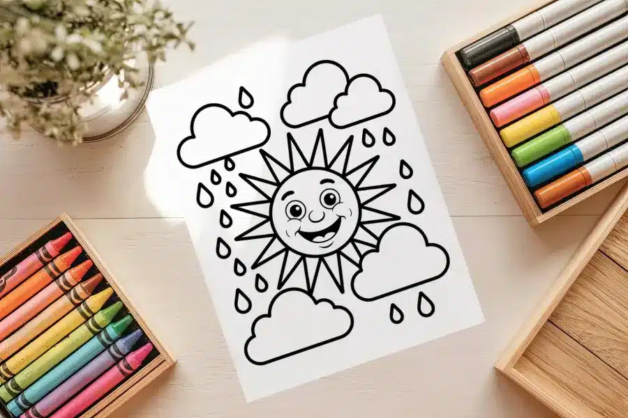 Sun and Rain Clouds Free Coloring Page - printable kids coloring sheet with smiling sun, clouds, and rain