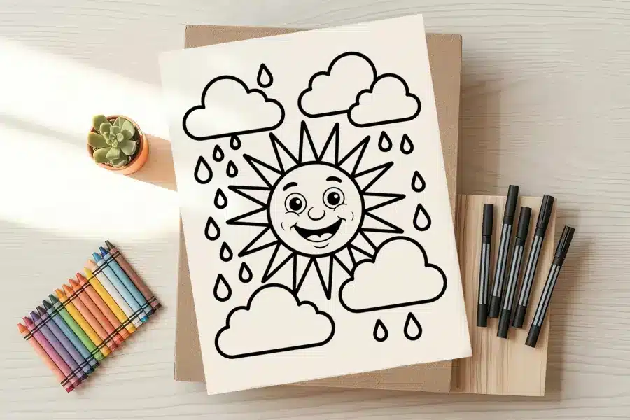 a drawing of a sun and clouds on a book