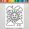 A Coloring Page Featuring A Smiling Sun Surrounded By Rain Clouds And Raindrops.