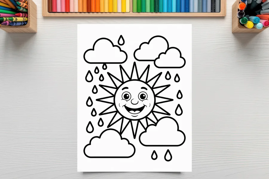 A Coloring Page Featuring A Smiling Sun Surrounded By Rain Clouds And Raindrops.