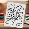 A Coloring Page Featuring A Smiling Sun With Rain Clouds.