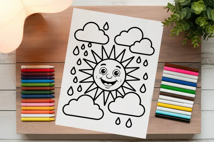 A Coloring Page Featuring A Smiling Sun With Rain Clouds.