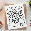 A Coloring Page Featuring A Smiling Sun And Rain Clouds.