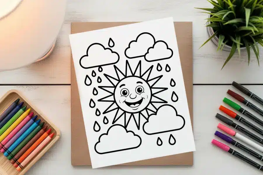 A Coloring Page Featuring A Smiling Sun And Rain Clouds.