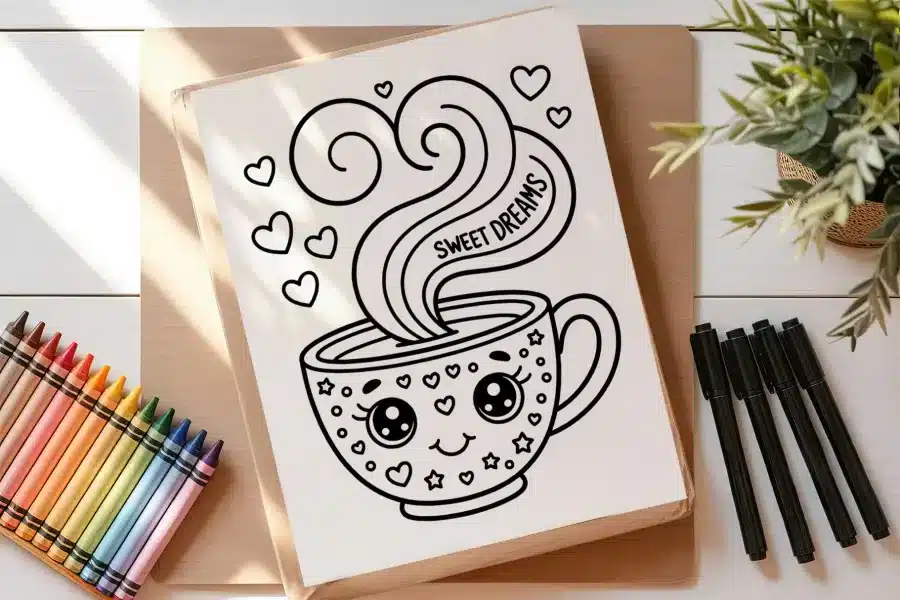 A Coloring Page Featuring A Cute Cartoon Mug With A Smiling Face, Steaming With Hearts, And The Words Sweet Dreams.