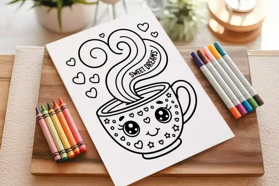 A Coloring Page Featuring A Cute Cartoon Mug With A Smiling Face, Steam, And Hearts.  The Words Sweet Dreams Are Written On The Steam.