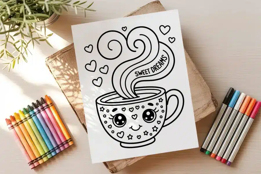 Cute Kawaii-Style Coloring Page Featuring A Mug With A Smiling Face, Steaming With The Words Sweet Dreams.