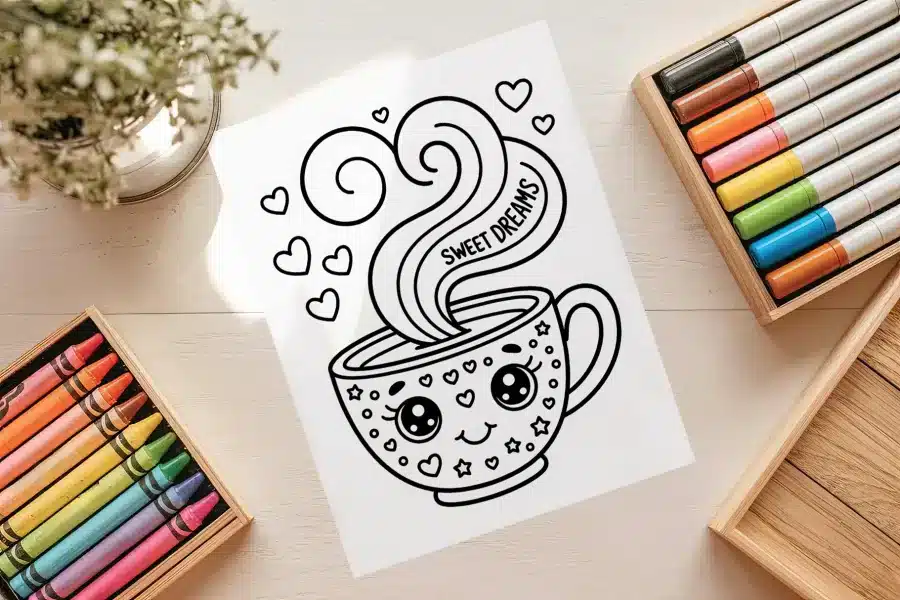 Sweet Dreams Teacup Free Coloring Page - printable kids coloring sheet with sleeping teacup, moon, and stars