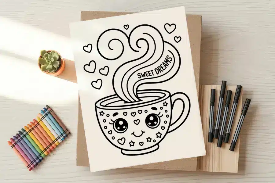Cute cartoon mug with heart eyes and steam that says Sweet Dreams.