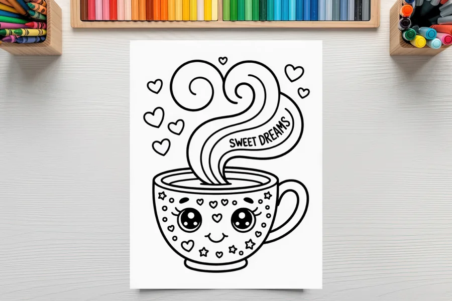 Line Drawing Of A Cute Mug With A Happy Face, Steaming With Hearts And The Words Sweet Dreams.