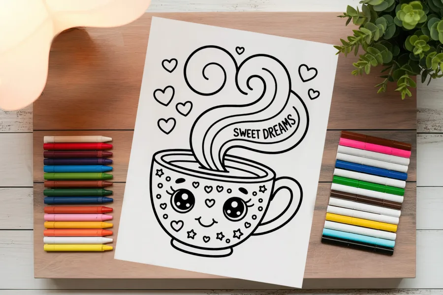 Coloring Page Featuring A Cute Cartoon Mug With Steam And The Words Sweet Dreams.