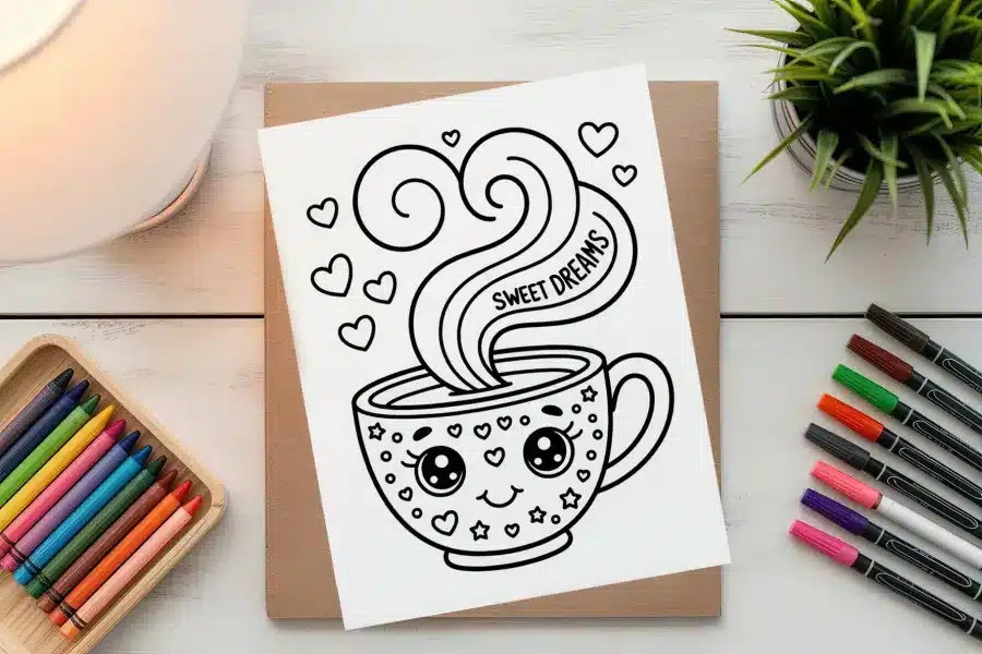 Coloring Page Of A Cute Cartoon Mug With Hearts And Stars, Steaming With The Words Sweet Dreams.