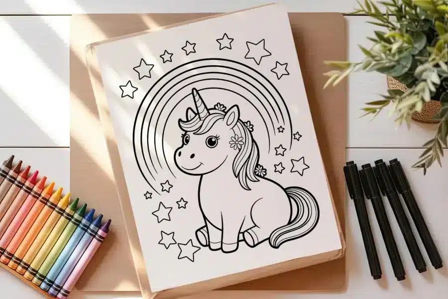 A Coloring Book With A Unicorn And Stars