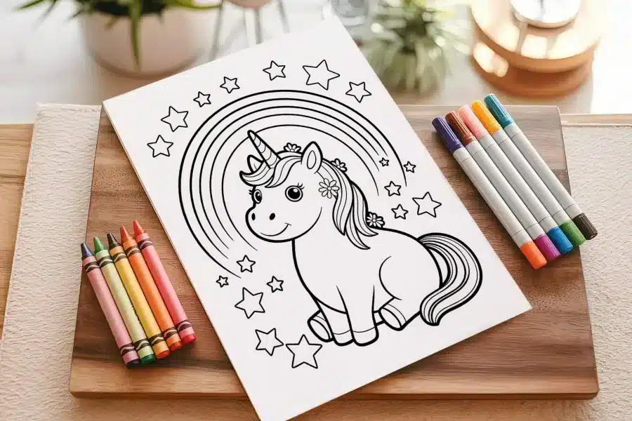 A Coloring Book With A Unicorn And Stars