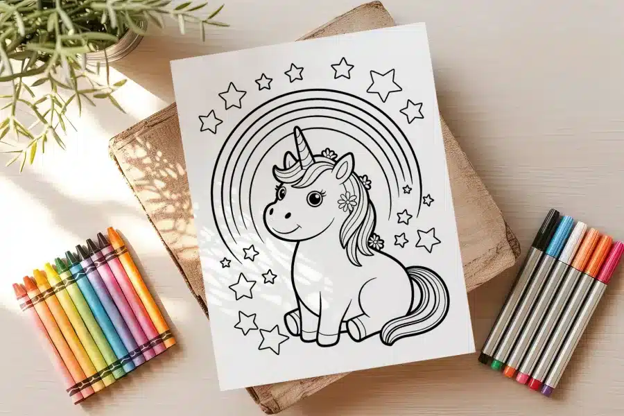 A Drawing Of A Unicorn And Rainbow On A Piece Of Wood