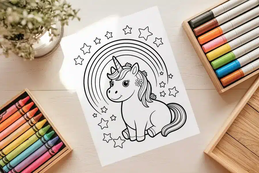 Unicorn Stars Rainbow Free Coloring Page - printable kids coloring sheet with unicorn, rainbow, and stars