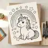 Coloring Page Featuring A Cute Unicorn Sitting Under A Rainbow With Stars.