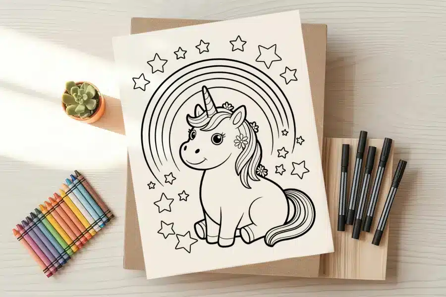 Coloring page featuring a cute unicorn sitting under a rainbow with stars.