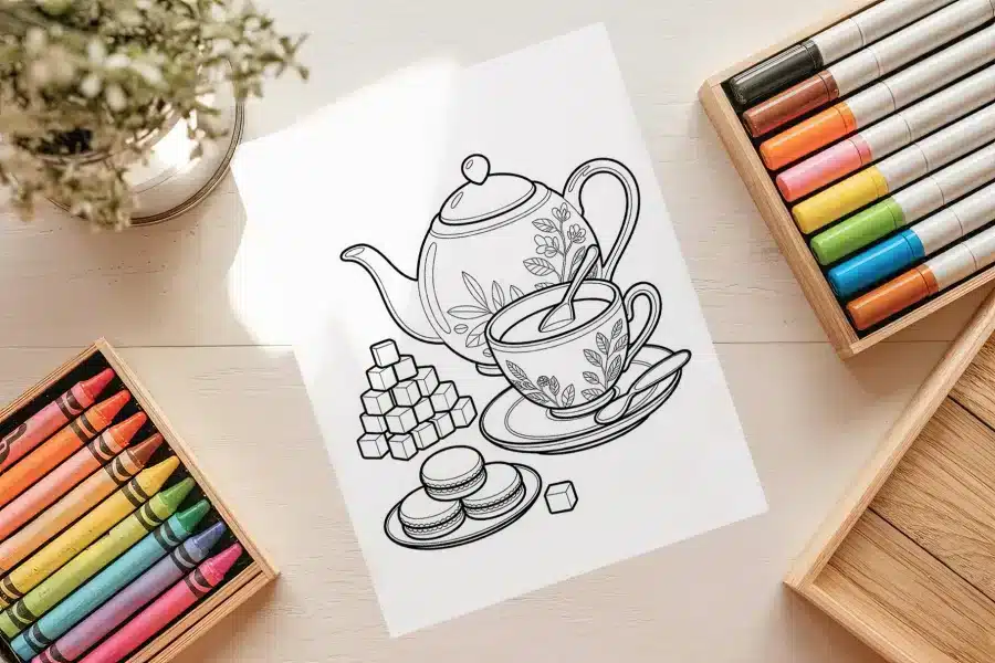 Vintage Tea Party Free Coloring Page - printable adult coloring sheet with tea set