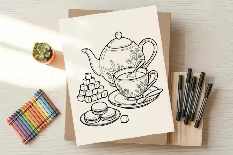 a drawing of teapot and teacups on a piece of paper