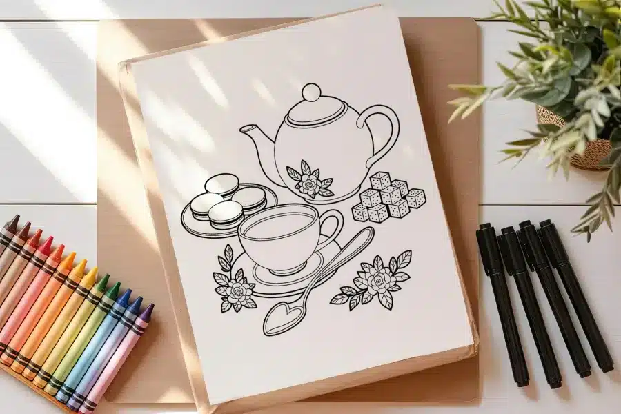 A Drawing Of Tea And Cookies On A Clipboard