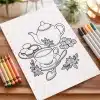 A Coloring Page Depicting A Teapot, Teacup, Saucer, Macarons, Sugar Cubes, And Floral Accents.