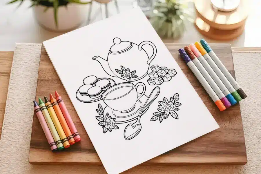 A Coloring Page Depicting A Teapot, Teacup, Saucer, Macarons, Sugar Cubes, And Floral Accents.