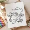 Line Drawing Of A Teapot, Teacup, Saucer, Cookies, Sugar Cubes, And Flowers.