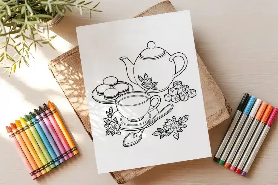 Line Drawing Of A Teapot, Teacup, Saucer, Cookies, Sugar Cubes, And Flowers.