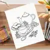 Line Drawing Of A Teapot, Teacup, Saucer, Spoon, Cookies, And Sugar Cubes.