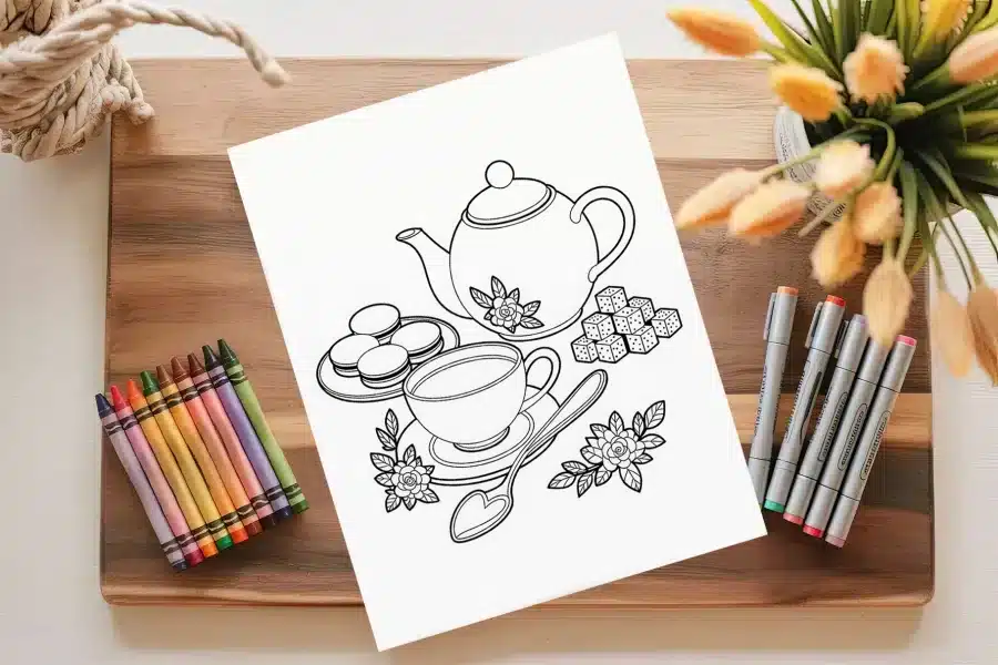 Line Drawing Of A Teapot, Teacup, Saucer, Spoon, Cookies, And Sugar Cubes.