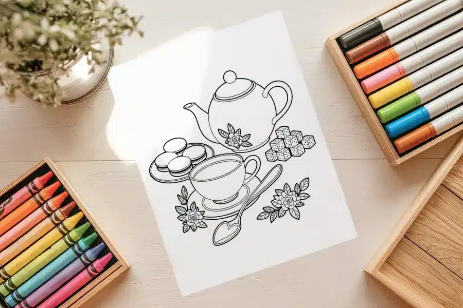 Whimsical Tea Set Free Coloring Page - printable adult coloring sheet with imaginative tea set design