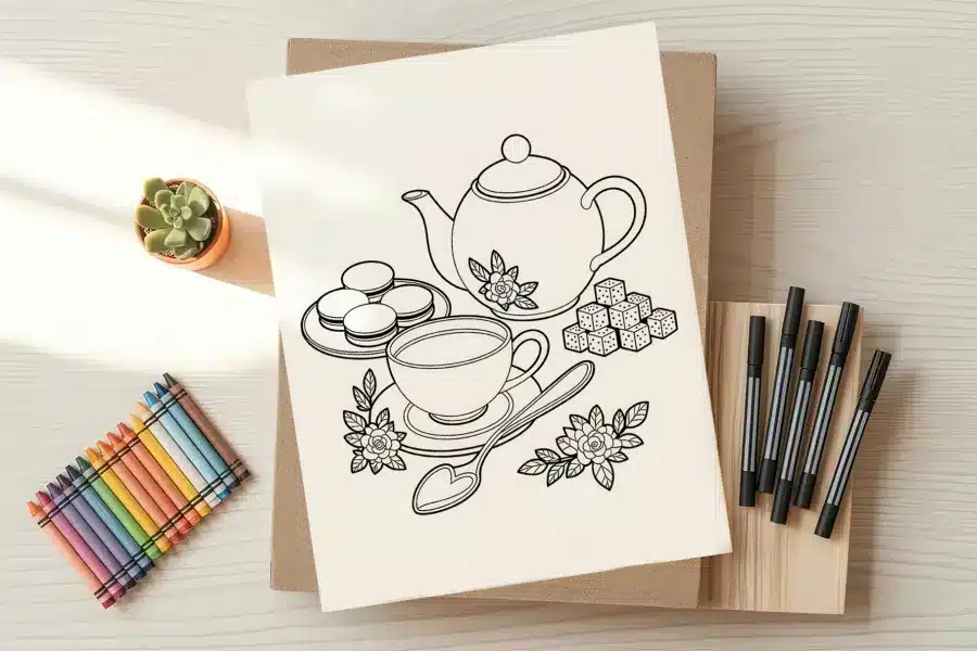 a drawing of teapot and teacups on a piece of paper