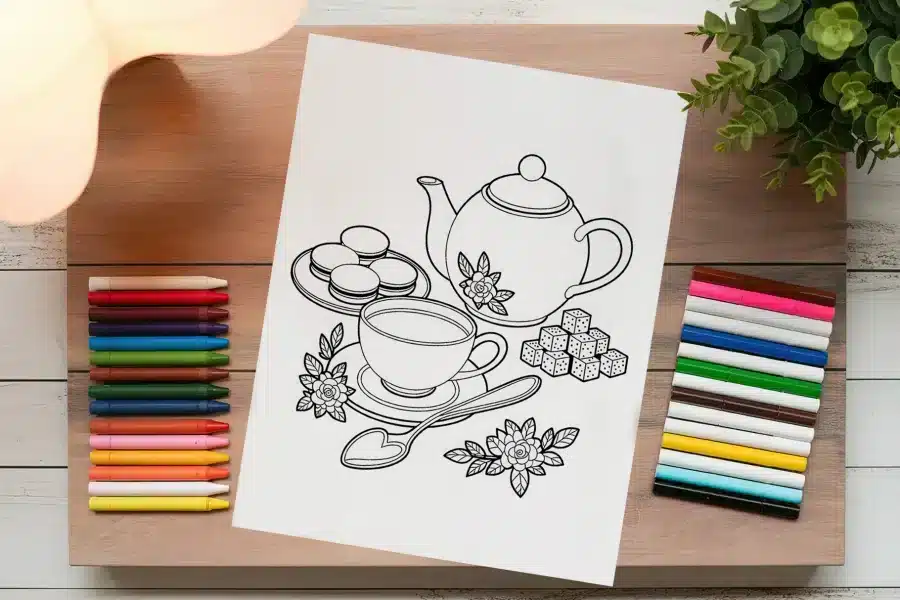 A Drawing Of Teacups And Teapots On A Table