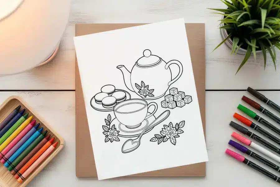 A Drawing Of Teapot And Teacups And Cookies On A Brown Card
