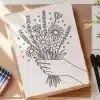 Line Drawing Of A Hand Holding A Bouquet Of Flowers.